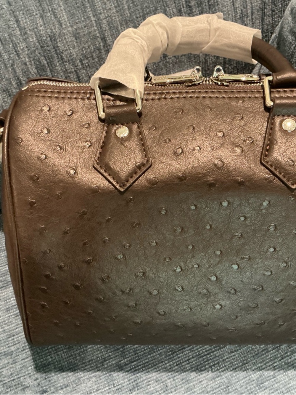 Brown Faux-Ostrich Satchel Handbag with Chain Accent - Picture 2 of 3